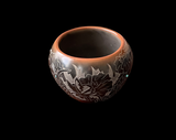 Sgraffito Hummingbirds with Turquoise Eyes and Roses 4”H x 5”Diameter by Eric Tafoya - Santa Clara Pueblo