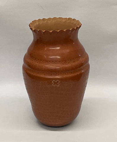 Polished Red Sgraffito Vase 8.75”High x 6.5”Diameter Polly Rose Folwell - Santa Clara Pueblo