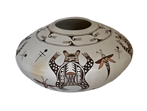 Polychrome Pot “Frogs and Dragonflies” 5”High x 9.5”Diameter by Tyra Dee Naha Leslie - Hopi