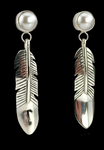 Hand Engraved Sterling Silver Patinated Feather Earring with Fresh Water Pearls by Tim Blueflint - Chippewa/Comanche