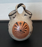 Polychrome Wedding Vase with Quail and Man in a Maze 7.5”High x 5.5”Diameter by Angea - Tohono O’Odham
