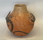 Polychrome Lizard Appliqué Jar ca.1996 5.75”H x 6.25” by Delrick and Lorena Cellicion - Zuni Pueblo