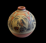 Polychrome Small Jar with Hunter and Avanyu 4.75”High X 5”Diameter by Margaret (1936-2018) and Luther (1911-1987) Gutierrez - Santa Clara Pueblo