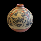 Polychrome Small Jar with Hunter and Avanyu 4.75”High X 5”Diameter by Margaret (1936-2018) and Luther (1911-1987) Gutierrez - Santa Clara Pueblo