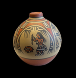 Polychrome Small Jar with Hunter and Avanyu 4.75”High X 5”Diameter by Margaret (1936-2018) and Luther (1911-1987) Gutierrez - Santa Clara Pueblo