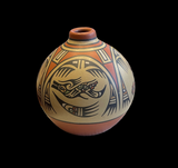 Polychrome Small Jar with Hunter and Avanyu 4.75”High X 5”Diameter by Margaret (1936-2018) and Luther (1911-1987) Gutierrez - Santa Clara Pueblo