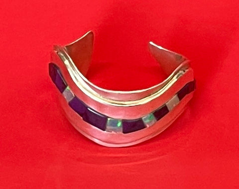 Opal and and High Grade Sugilite Women’s medium Cuff on Sterling Silver 1”Opening x 1-1/8”Wide at the Center by Ophelia Garcia - Navajo