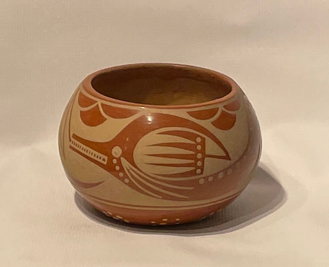 Cream on Red Avanyu with Clouds and Rain 4.5"High x 7"Diameter by Albert and Josephine Vigil - San Ildefonso Pueblo
